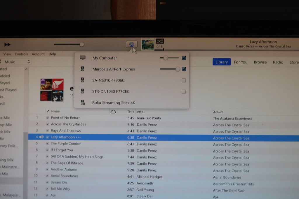 This screen capture shows AirPlay is now enabled for the Toshiba Aurex System 15. The AirPort Express is connected via the AUX port.