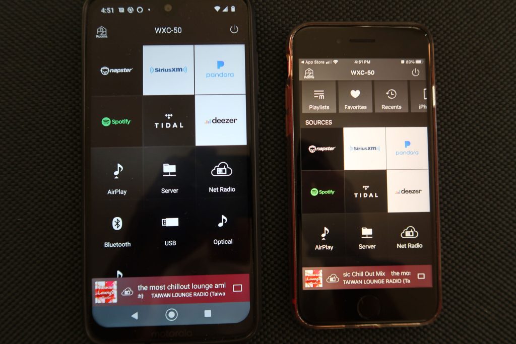 Yamaha's MusicCast app for the WXC-50 as seen on both Android and iOS phones.