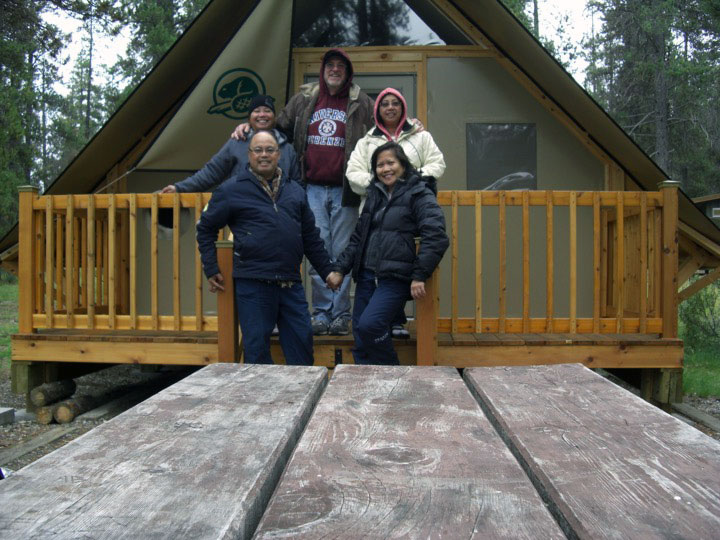 Group photo in front of our oTentik accommodation inside Jasper's Whistler campgrounds in Alberta, Canada Group photo in front of our oTENTik accommodation inside Jasper's Whistler campgrounds in Alberta, Canada.